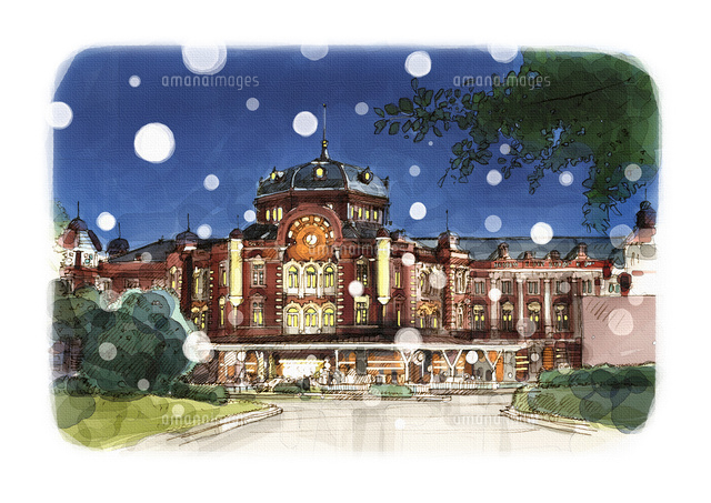水彩画 雪の東京駅 の写真素材 イラスト素材 アマナイメージズ