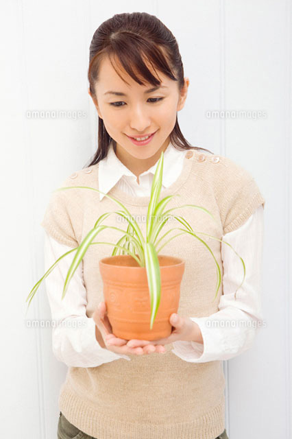 鉢植えを持つ女性 の写真素材 イラスト素材 アマナイメージズ