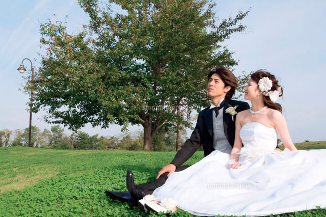 草原に座る新郎新婦 の写真素材 イラスト素材 アマナイメージズ