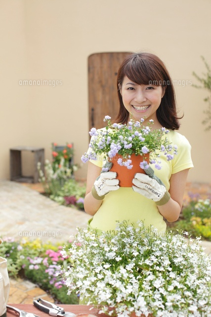 花の鉢植を抱える若い女性 の写真素材 イラスト素材 アマナイメージズ