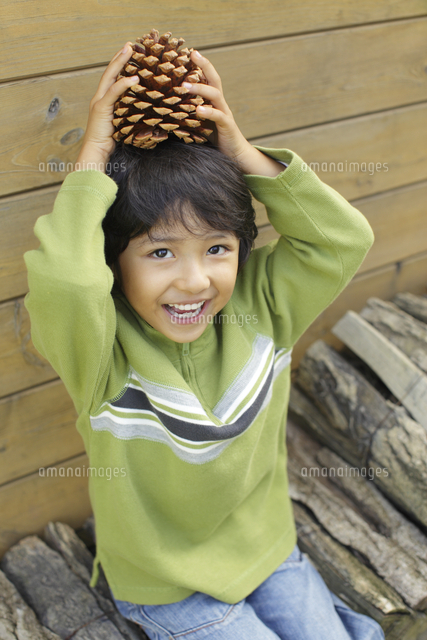 松ぼっくりと人 松ぼっくりを頭にのせる男の子[11038016649]の写真・イラスト素材