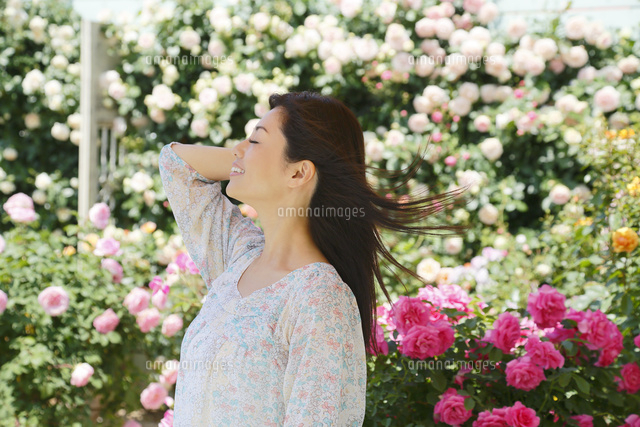 バラの花と黒髪の綺麗な女性 の写真素材 イラスト素材 アマナイメージズ