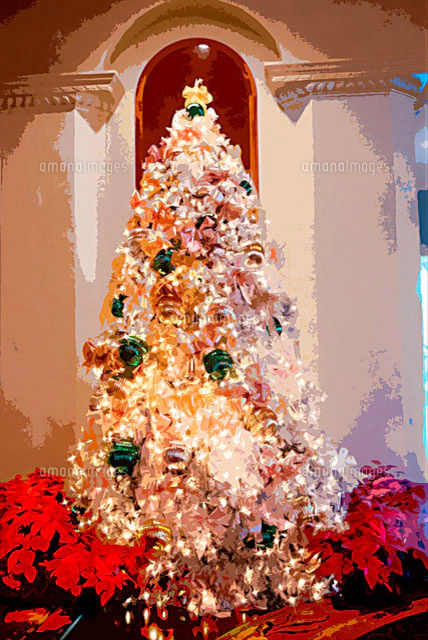 クリスマスツリーのある雪のケベックの街並み CG[11065000096]の写真