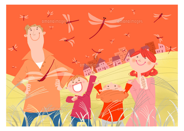 夕焼けと赤とんぼ の写真素材 イラスト素材 アマナイメージズ