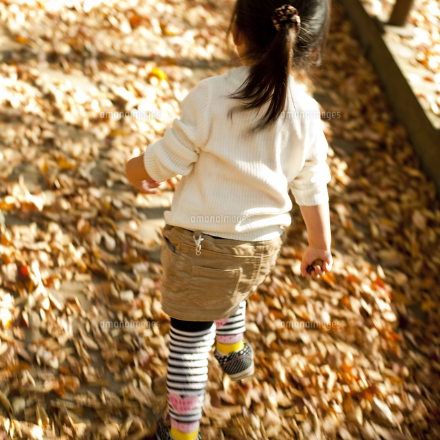 落ち葉の上を歩く女の子の後ろ姿 の写真素材 イラスト素材 アマナイメージズ