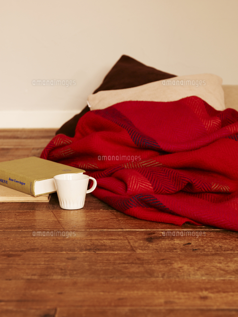 ブランケットとクッションと本とコーヒーカップ の写真素材 イラスト素材 アマナイメージズ