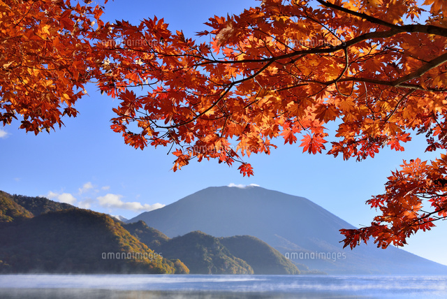 紅葉の中禅寺湖と朝霧に男体山 の写真素材 イラスト素材 アマナイメージズ