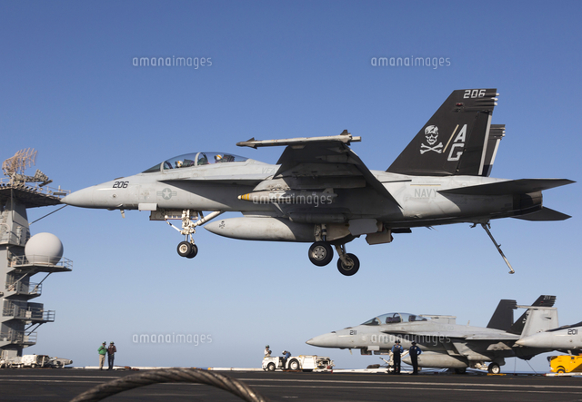 An F/A-18F Super Hornet during flight operations on USS Dwight D