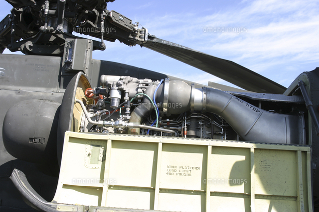 Close-up of the gas turbine engine on an AH-64D Apache