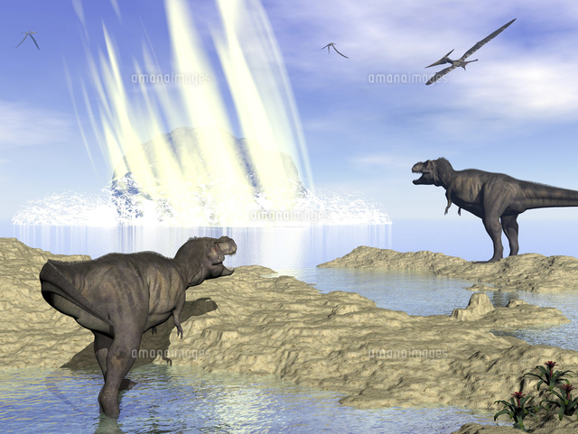 Tyrannosaurus rex and pteranodons watch a meteorite impact