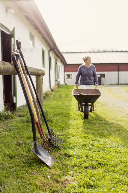 Female farmer walking with wheelbarrow by equipment at farm[11081009546 ...