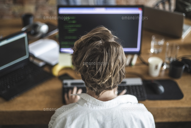 Rear view of female programmer coding on computer in office[11081042035 ...