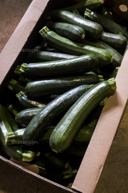 High angle close up of box of freshly picked courgettes.[11093038040]の ...