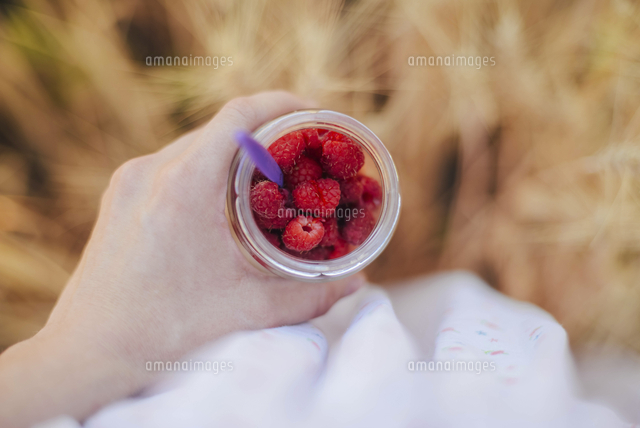 Cropped hand of woman holding raspberries in jar on field[11100079288]の ...