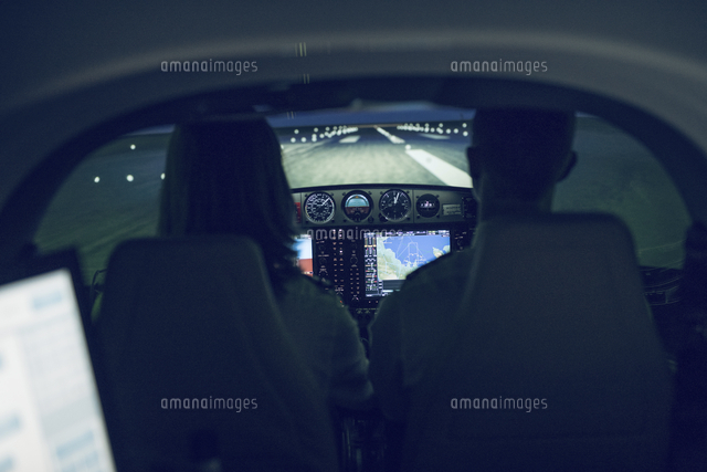 Rear view of silhouette pilot giving training to male trainee in flight ...