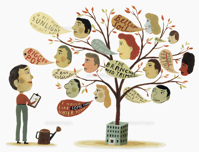 Man Listening To Feedback From Faces On Tree の写真素材 イラスト 素材 アマナイメージズ