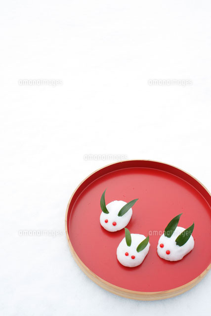 赤いお盆の上の雪で作った雪うさぎの家族 の写真素材 イラスト素材 アマナイメージズ