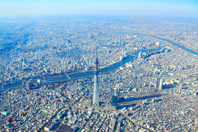 午後3時の東京スカイツリーと墨田区の街並と隅田川の空撮[22320031354