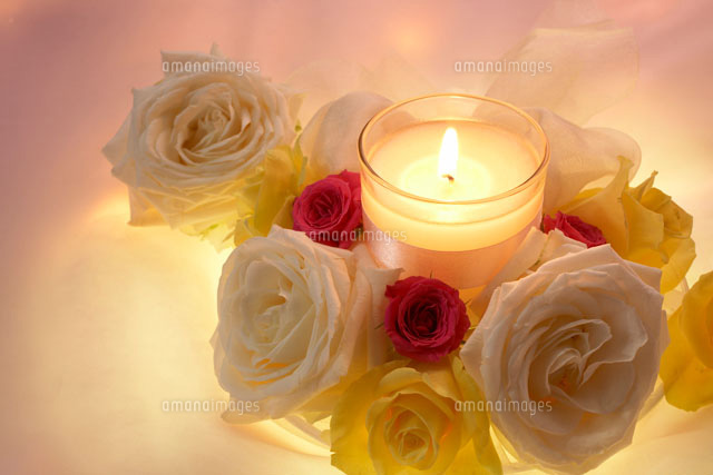 バラの花とろうそくと光 の写真素材 イラスト素材 アマナイメージズ