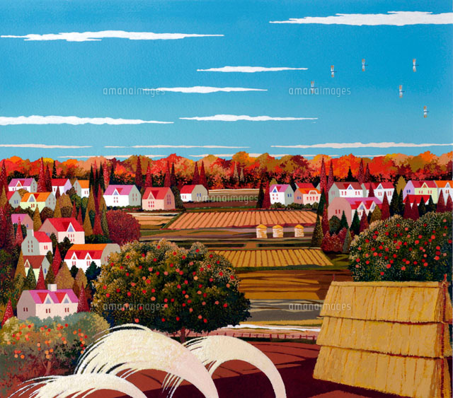 秋の田園風景 イラスト の写真素材 イラスト素材 アマナイメージズ