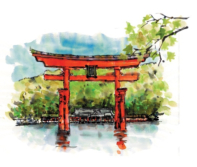 ★厳島神社鳥居・肉筆油彩画・F6キャンバス 厳島神社の大鳥居｜ナカセ