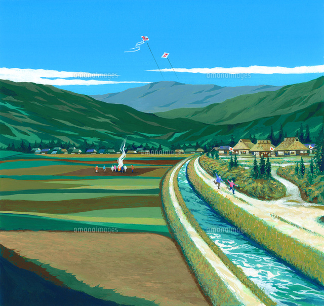 正月の田園風景イラスト（1月）[22451036011]の写真・イラスト素材