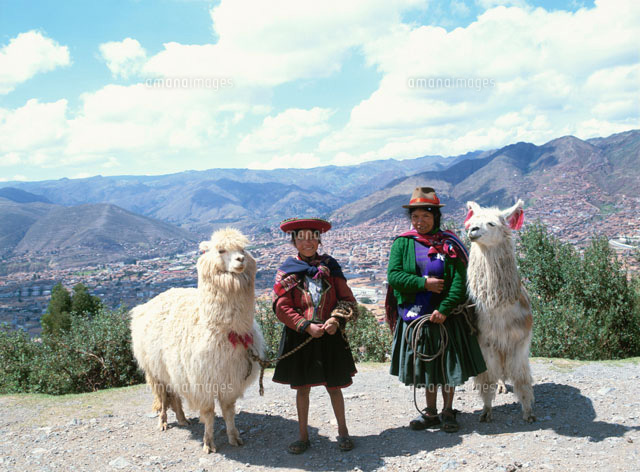 リャマとアルパカと女性 母と娘 の写真素材 イラスト素材 アマナイメージズ