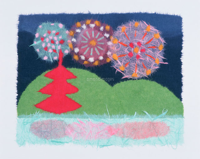 ちぎり絵 塔と花火 の写真素材 イラスト素材 アマナイメージズ