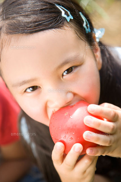 トマトをかじる女の子 の写真素材 イラスト素材 アマナイメージズ