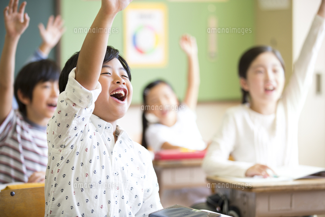 授業中に手を上げる小学生たち の写真素材 イラスト素材 アマナイメージズ