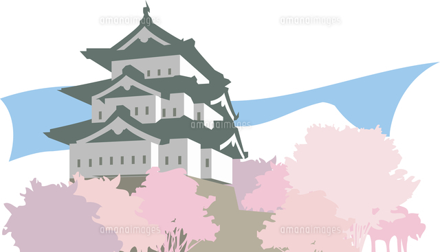 弘前城の絵画 桜と弘前城のイラスト