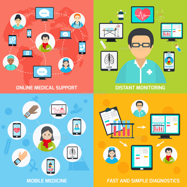 Mobile Health Online Medical Support Distant Monitoring Flat Set Isolated Vector Illustration の写真素材 イラスト素材 アマナイメージズ
