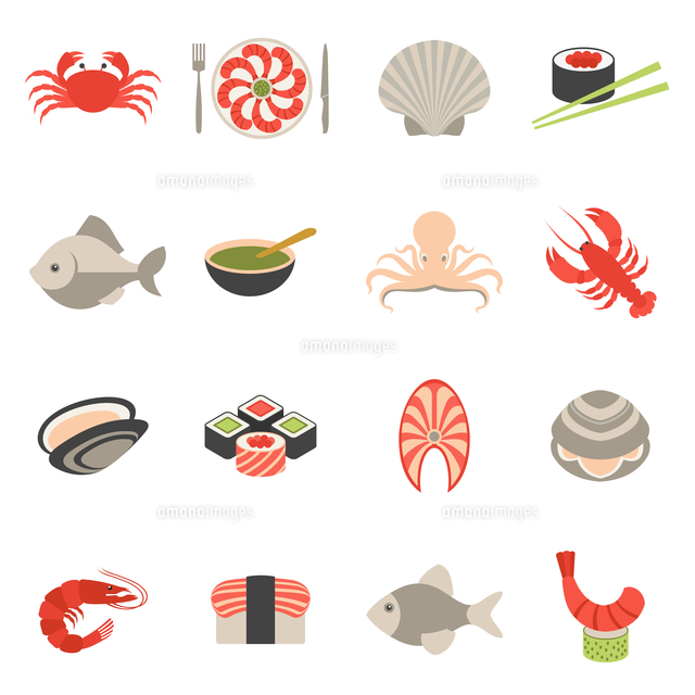 Seafood Fish Menu Restaurant Icons Set Flat With Crab Shrimps Shell Roll Isolated Vector Illustratio の写真素材 イラスト素材 アマナイメージズ