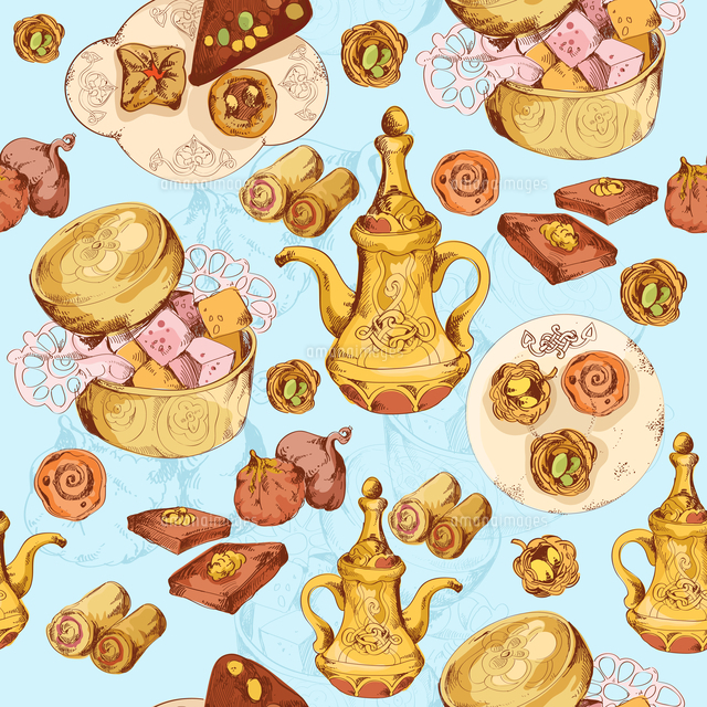 Oriental Arabic Traditional Asian Sweet Dessert Colored Seamless Background Vector Illustration の写真素材 イラスト素材 アマナイメージズ