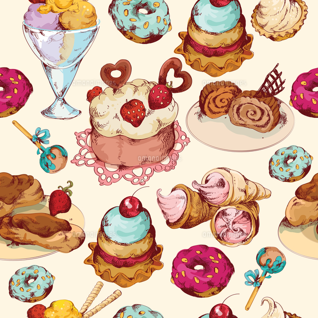 Food Sweets Bakery Pastry Ice Cream And Candies Sketch Colored Seamless Pattern Vector Illustration の写真素材 イラスト素材 アマナイメージズ