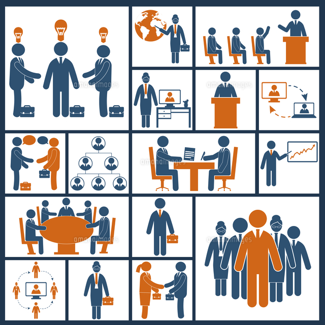 Business Meeting Brainstorming Group Discussion Blue Orange Icons Set Isolated Vector Illustration の写真素材 イラスト素材 アマナイメージズ