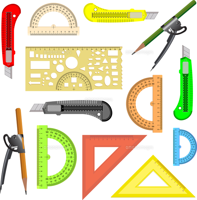 set of school instruments. Protractor, compass, protractor and a knife
