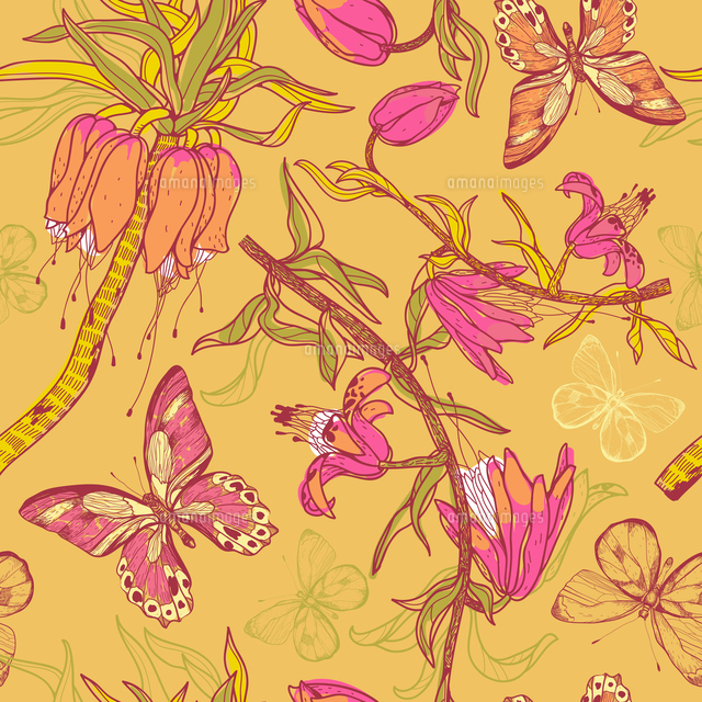vector seamless floral pattern with colorful flowers and butterflies ...