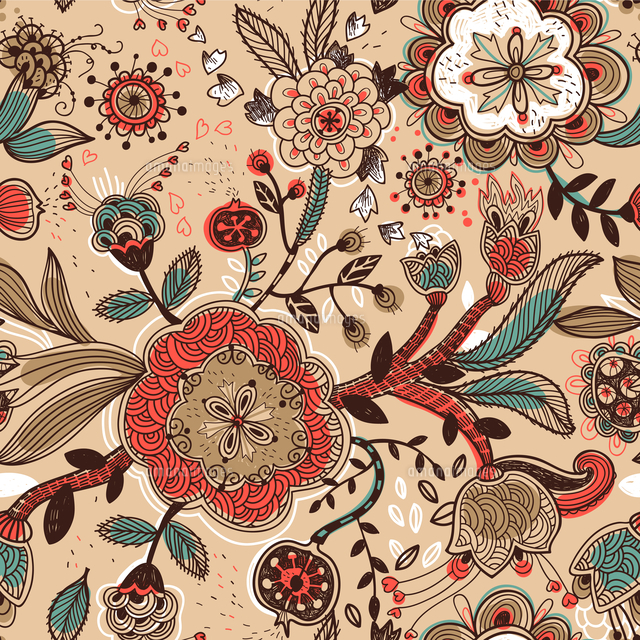 vector floral seamless pattern with hand drawn plants, fruits and ...