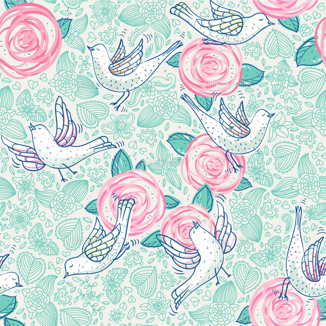 vector floral seamless pattern with white doves and blooming roses ...