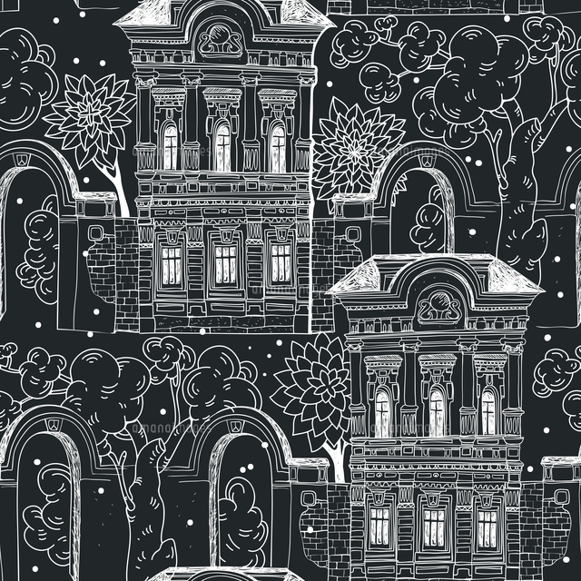 vector seamless pattern with hand drawn old houses and gardens ...