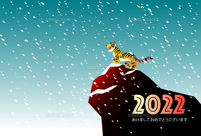 年賀はがきテンプレート 雪降る山頂の虎の年賀状 の写真素材 イラスト素材 アマナイメージズ