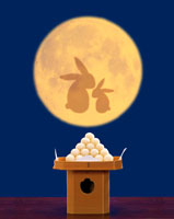月見団子と満月に写るウサギ[02022346192]の写真・イラスト素材
