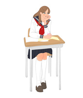 セーラー服を着て教室の机に座り頬杖をつく女子高校生 の写真素材 イラスト素材 アマナイメージズ