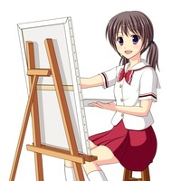 キャンバスに絵を描く美術部の女子生徒（夏服）[10438000039]の写真