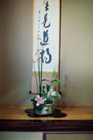 生け花　唐銅　薄端　華道、生花、床の間飾り　中古　箱なし 床の間の生け花と掛け軸[11002021346]の写真・イラスト素材｜アマナ