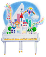 ピアノと虹の絵画 虹のイラスト着色ピアノの鍵盤、音符、水彩画をはねかけます