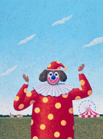 青空と緑の草原風景中でサーカスのピエロ[02237005117]の写真