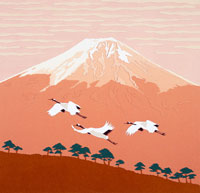 切り絵 1月 朝焼けの富士山と飛翔する鶴[02237007124]の写真・イラスト