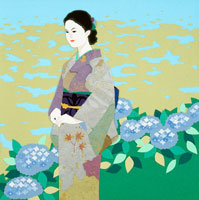 切り絵 紫陽花の道と着物姿の女性[02237007181]の写真・イラスト素材